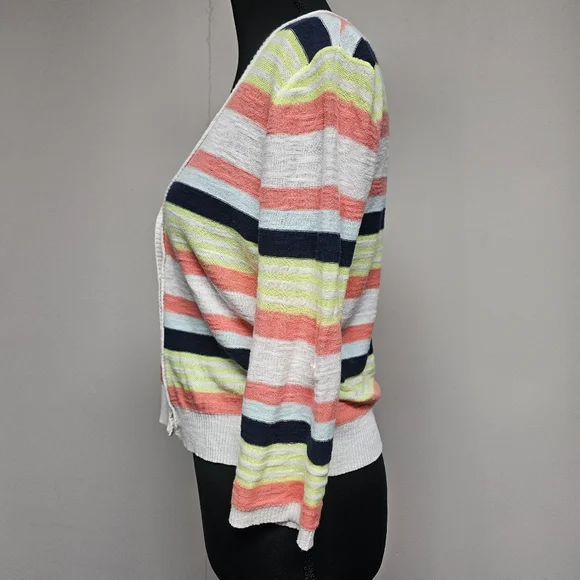 Arizona Jeans Y2k Cropped Roll Tab Sleeve Striped Cardigans Coral Green White - Picture 6 of 12